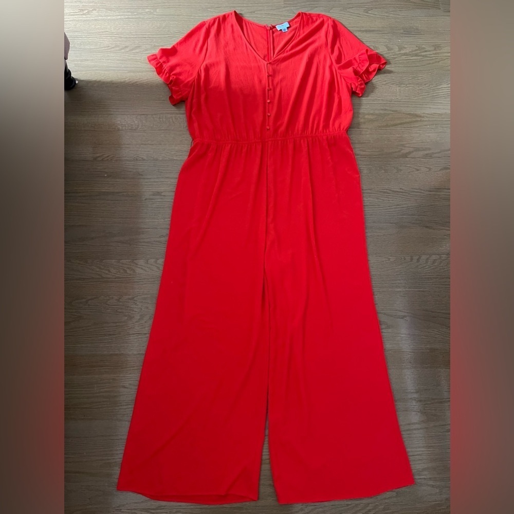 CeCe Red Short Sleeve Jumpsuit Belted Ruffle Sleeve Wide Leg Jumpsuit Size 24W